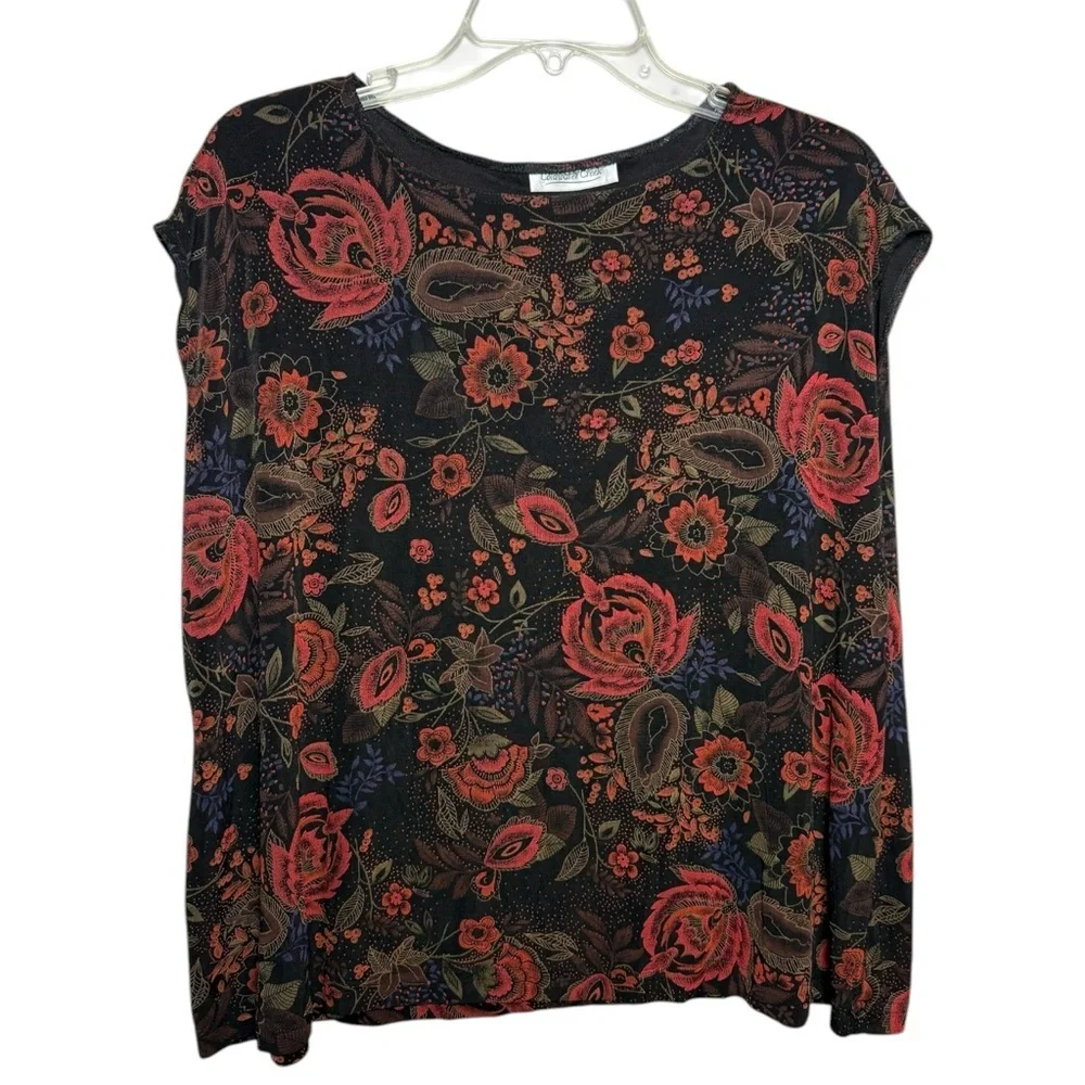 Vintage Dark Floral Short Sleeve Top Size Large XL Black Red - Picture 5 of 5